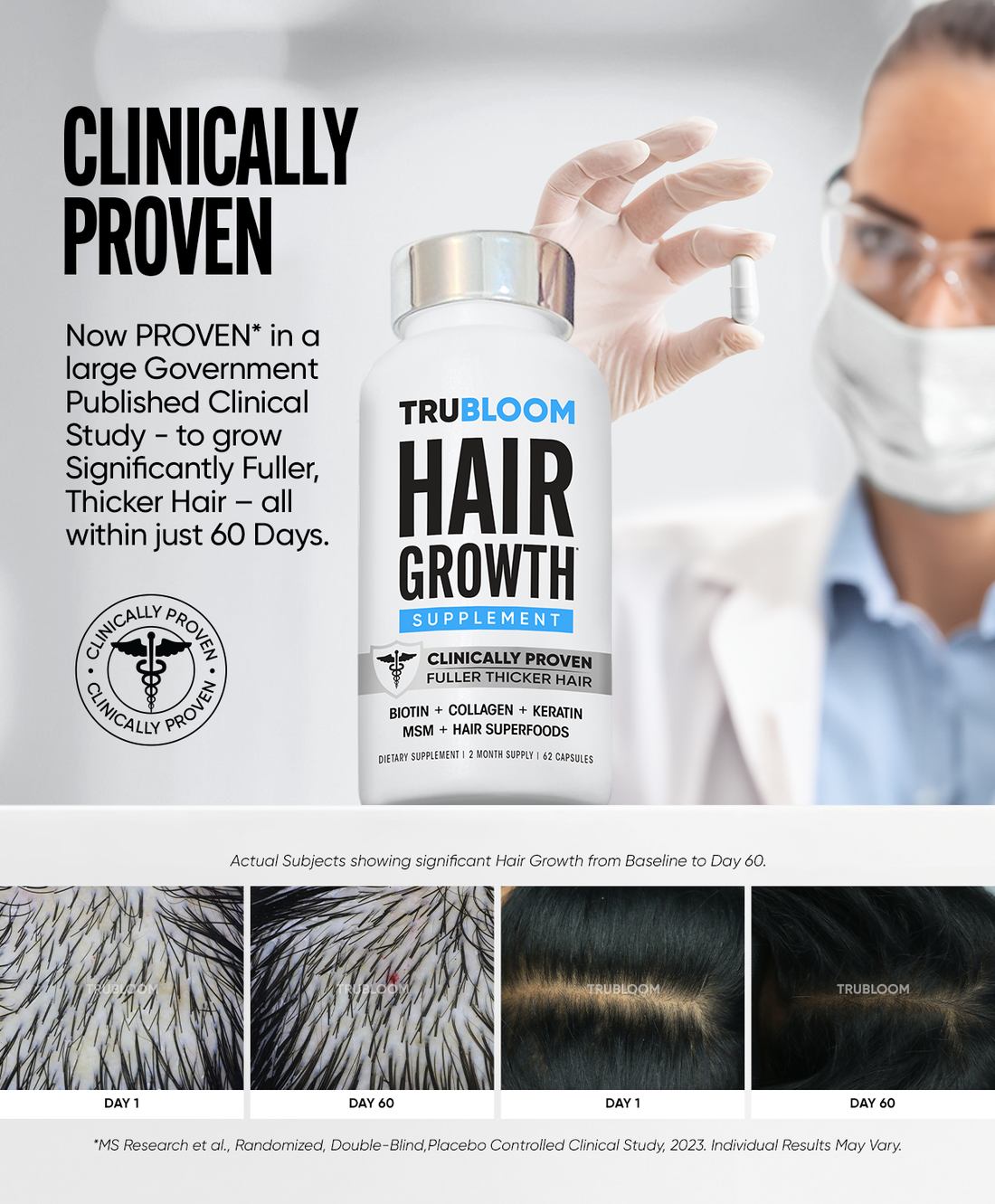 TRU BLOOM Hair Growth Vitamins - 60 Day Hair Challenge ( 2 Month Supply )